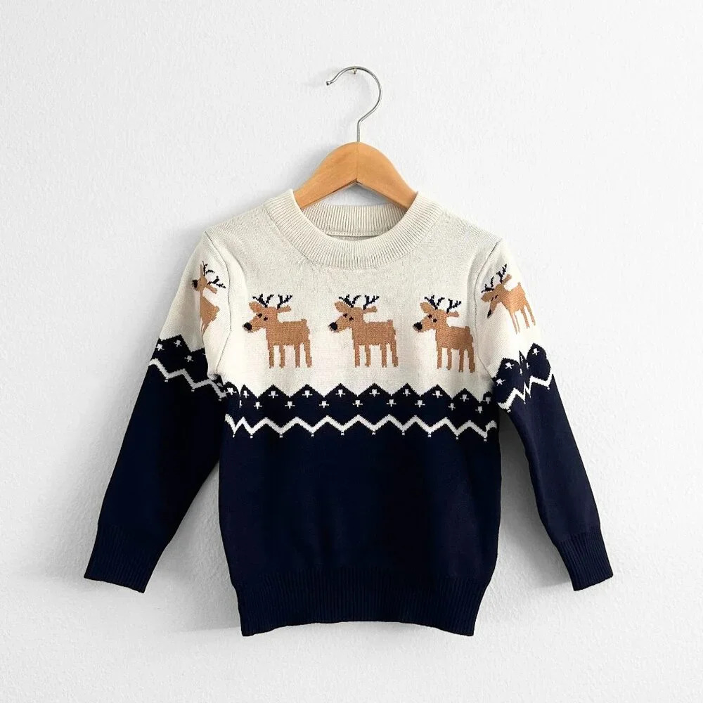 Nwt Cute Kids Christmas Knitted Sweater Warm&Comfy Long Sleeve Reindeer Navy 2t